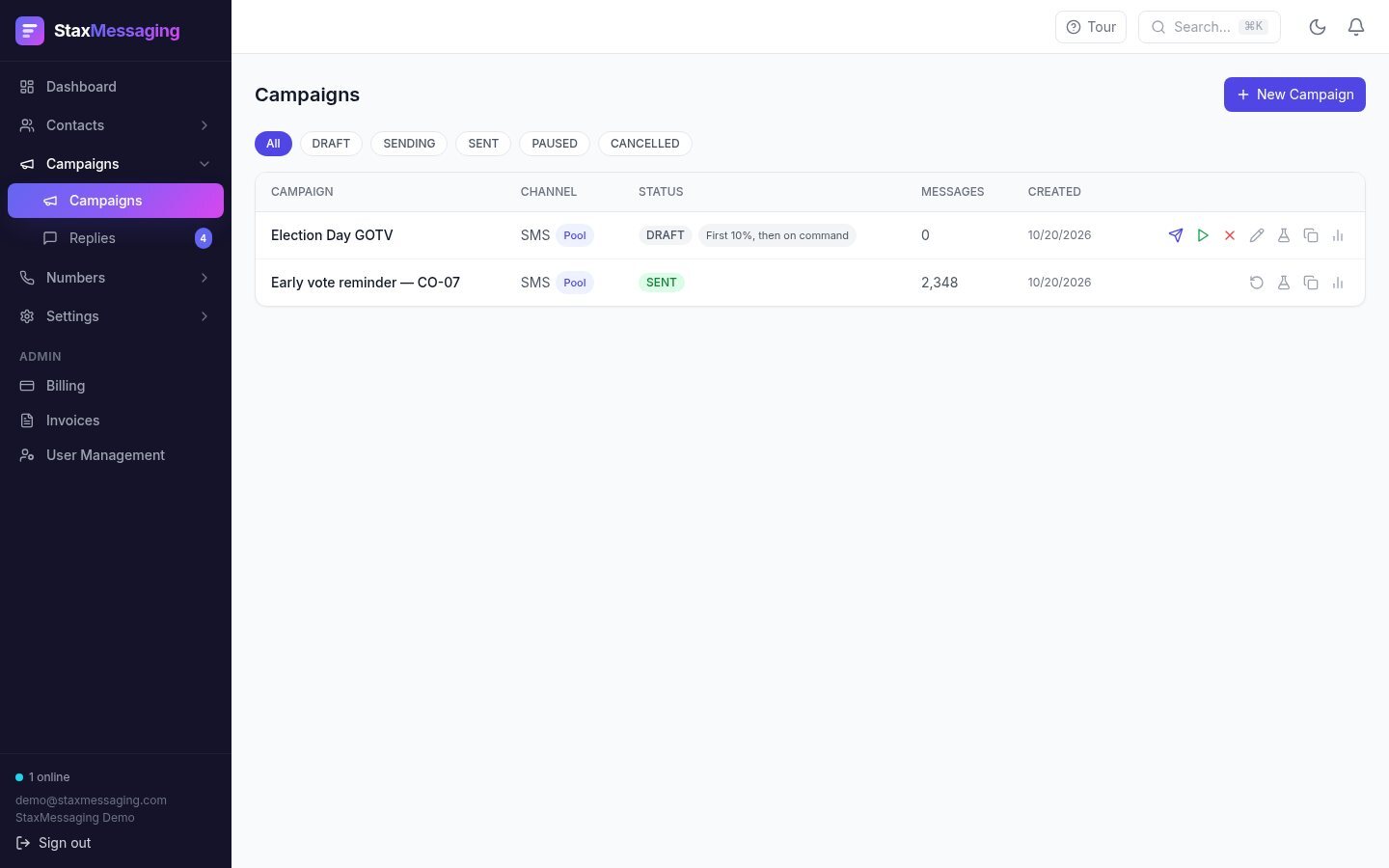 Campaign list with status, format and pool indicator.