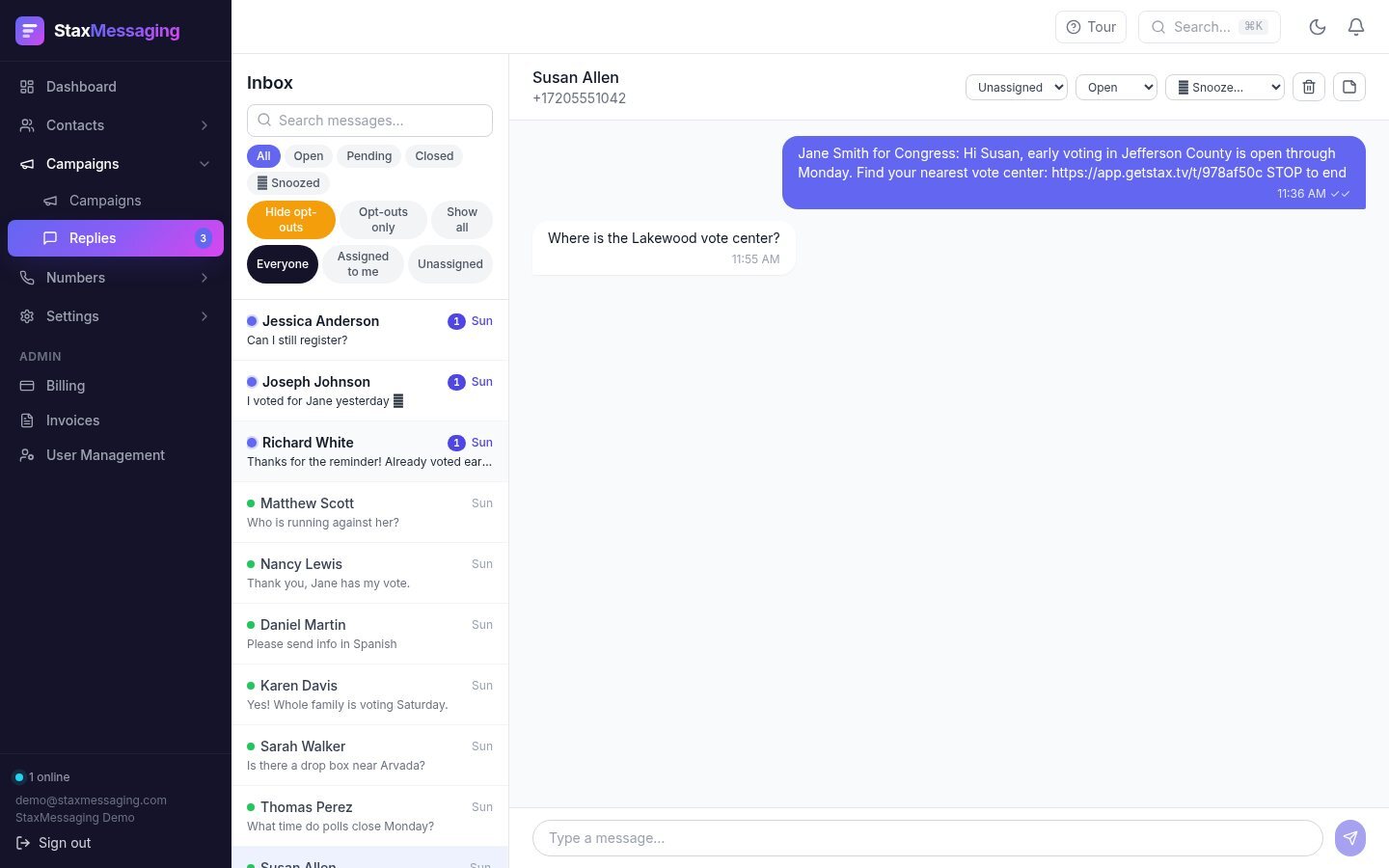 A live two-way inbox. Answer a person or follow up with everyone who engaged. Opt-out keywords are filtered out of the list automatically.