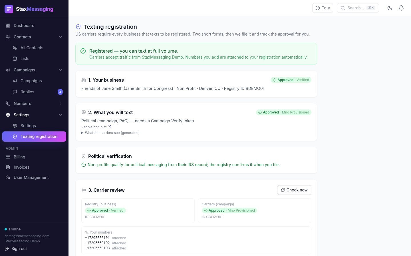 Two short forms; the platform files with the registry and carriers and tracks approval.