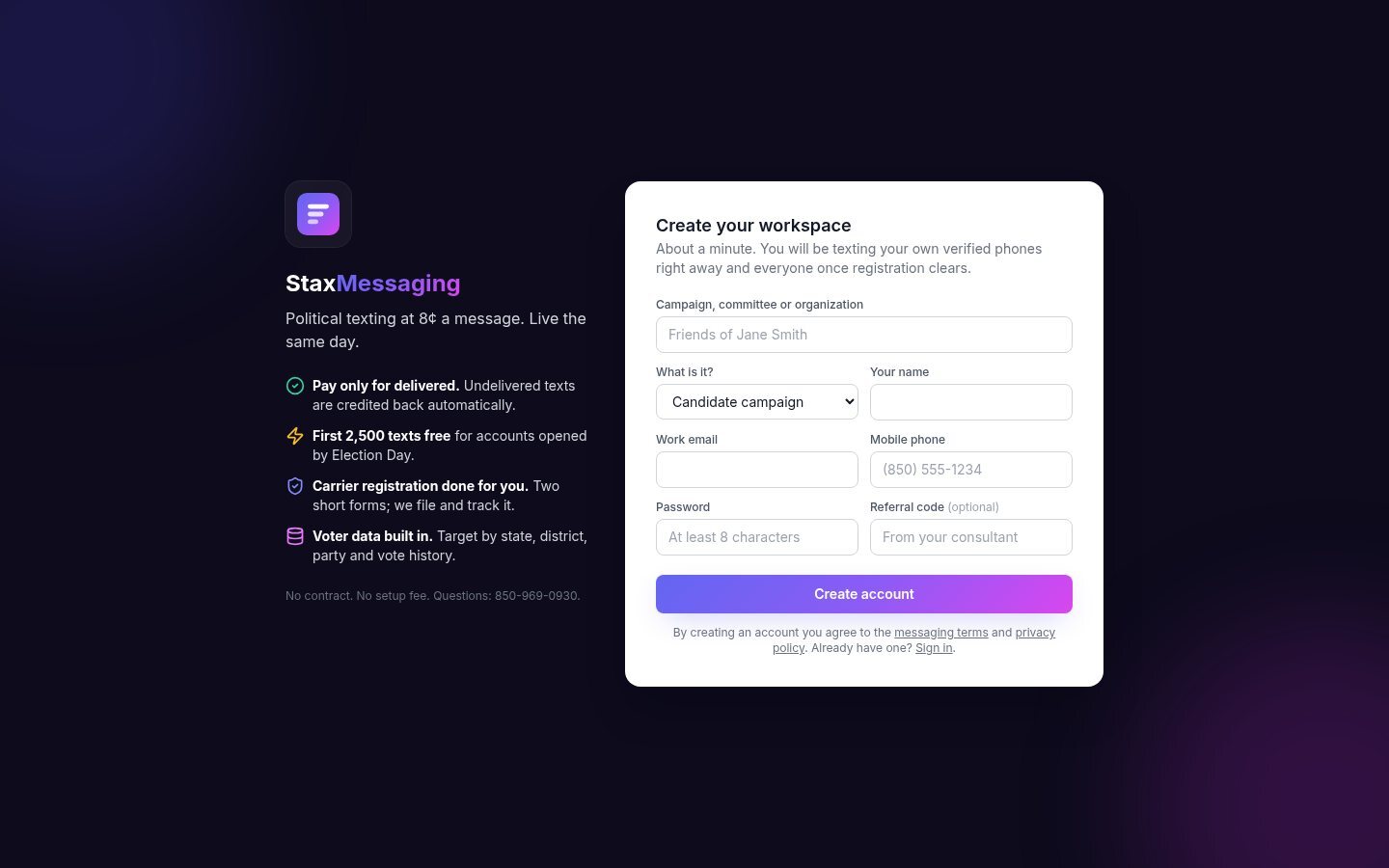 The Create account button lands here. One form, about a minute. Accepts a consultant referral code.